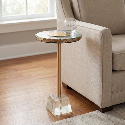 10" Round Accent Table with Textured Glass Top, Gold Leaf Detail