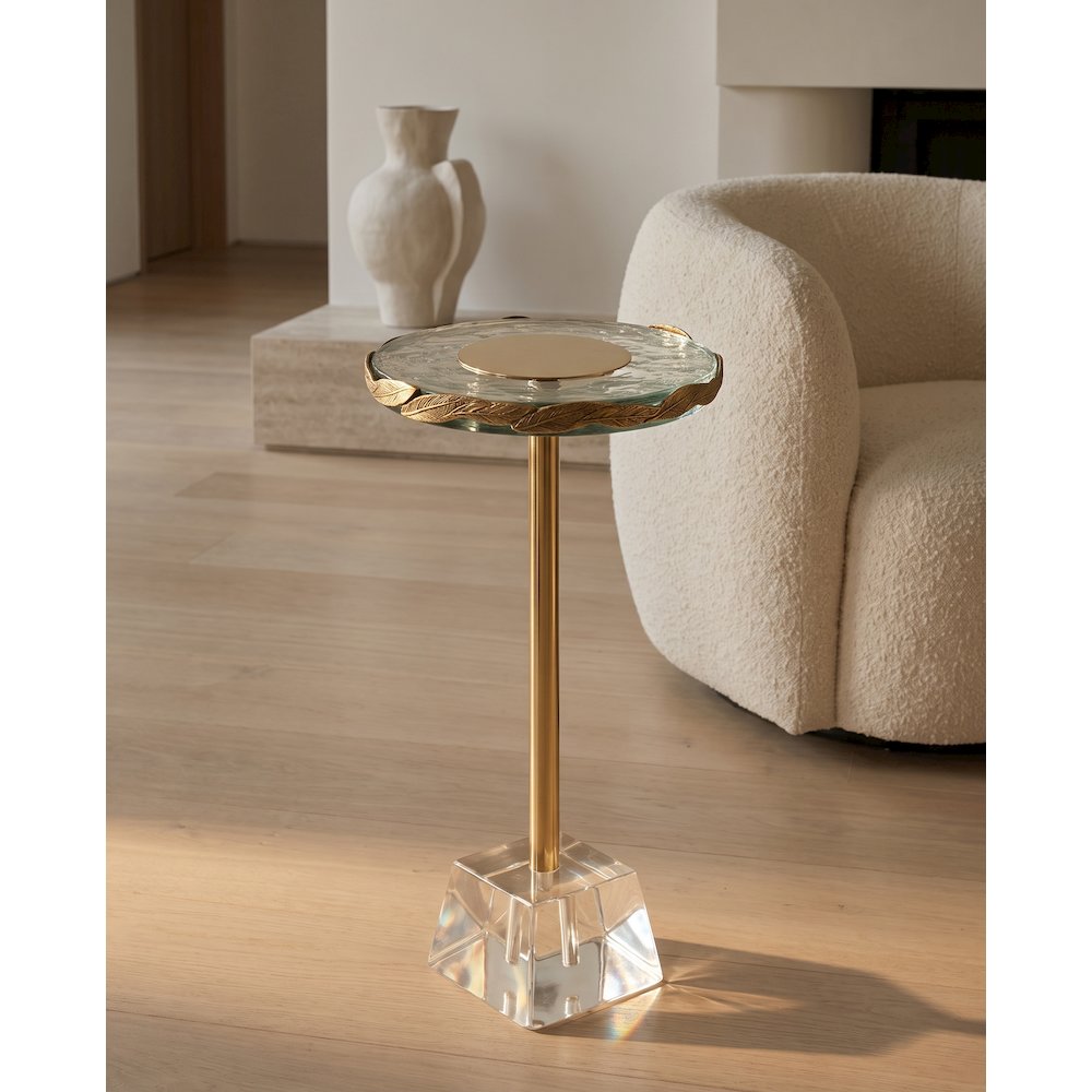 10" Round Accent Table with Textured Glass Top, Gold Leaf Detail