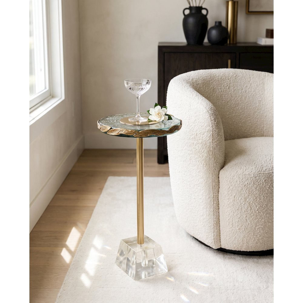 10" Round Accent Table with Textured Glass Top, Gold Leaf Detail