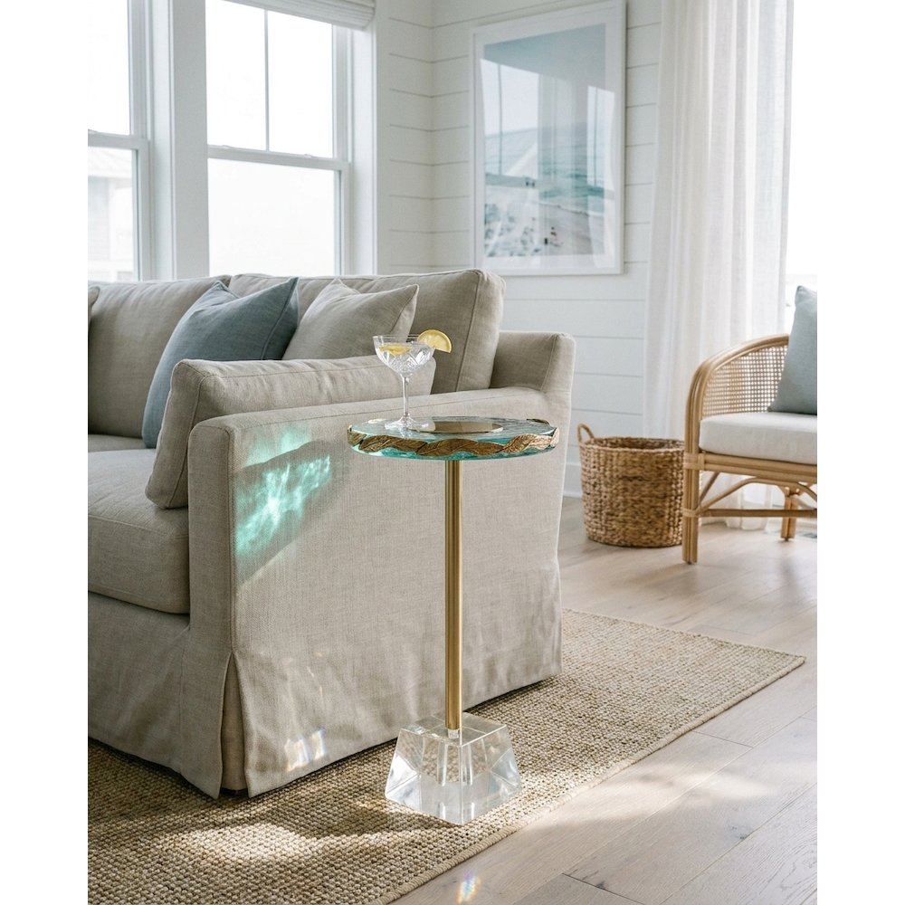 10" Round Accent Table with Textured Glass Top, Gold Leaf Detail