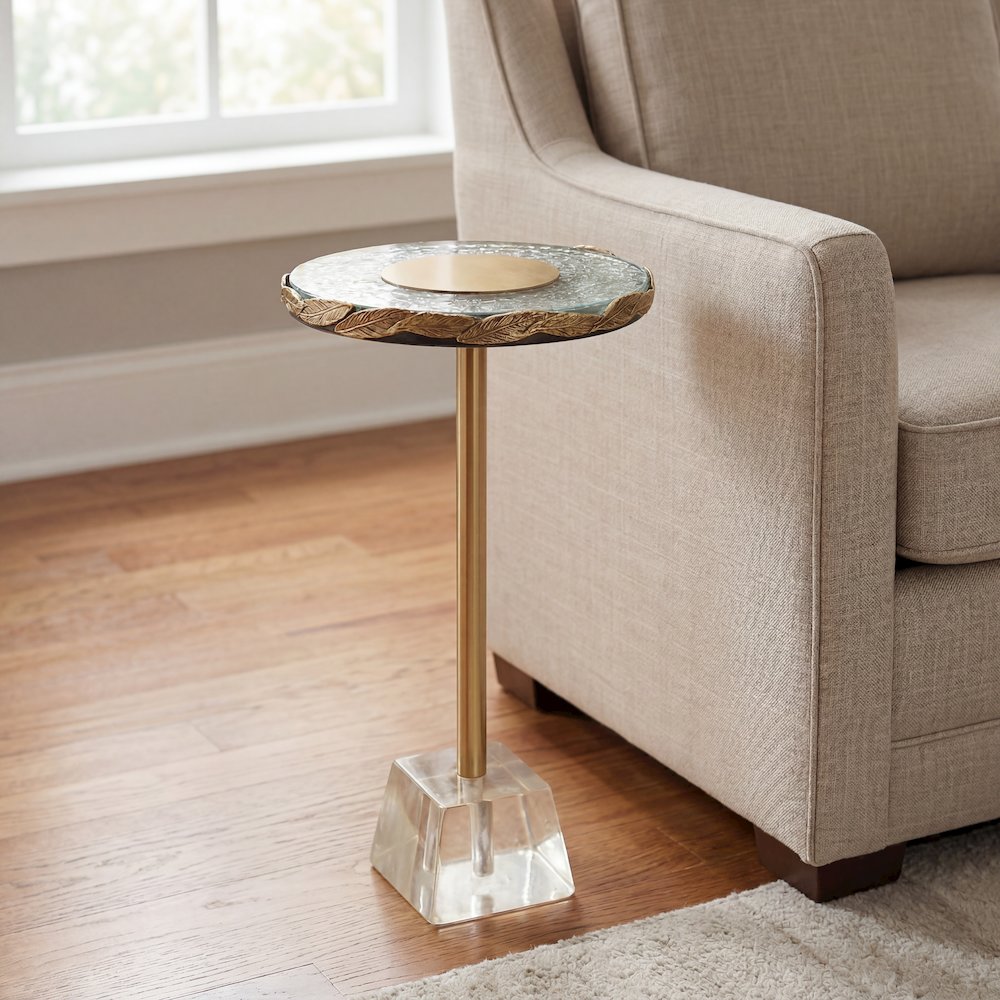 10" Round Accent Table with Textured Glass Top, Gold Leaf Detail