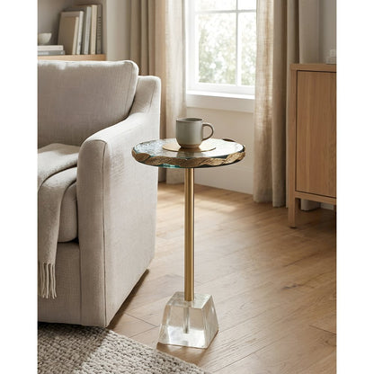 10" Round Accent Table with Textured Glass Top, Gold Leaf Detail
