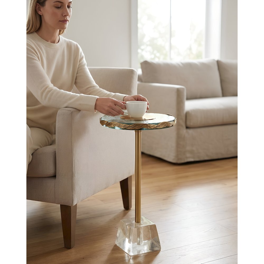 10" Round Accent Table with Textured Glass Top, Gold Leaf Detail