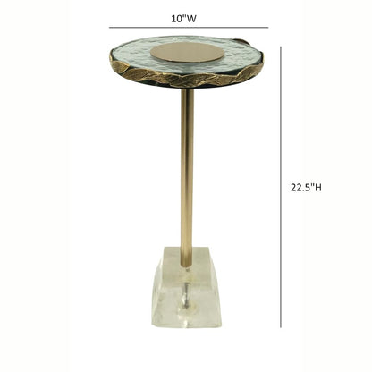 10" Round Accent Table with Textured Glass Top, Gold Leaf Detail