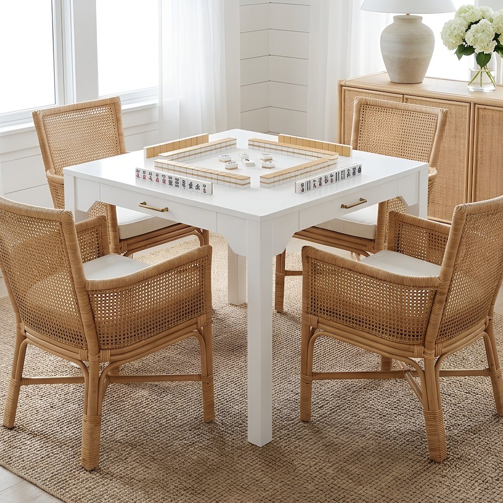 Annadale White Dining Table with Storage Drawer, Square Mahjong Game Table