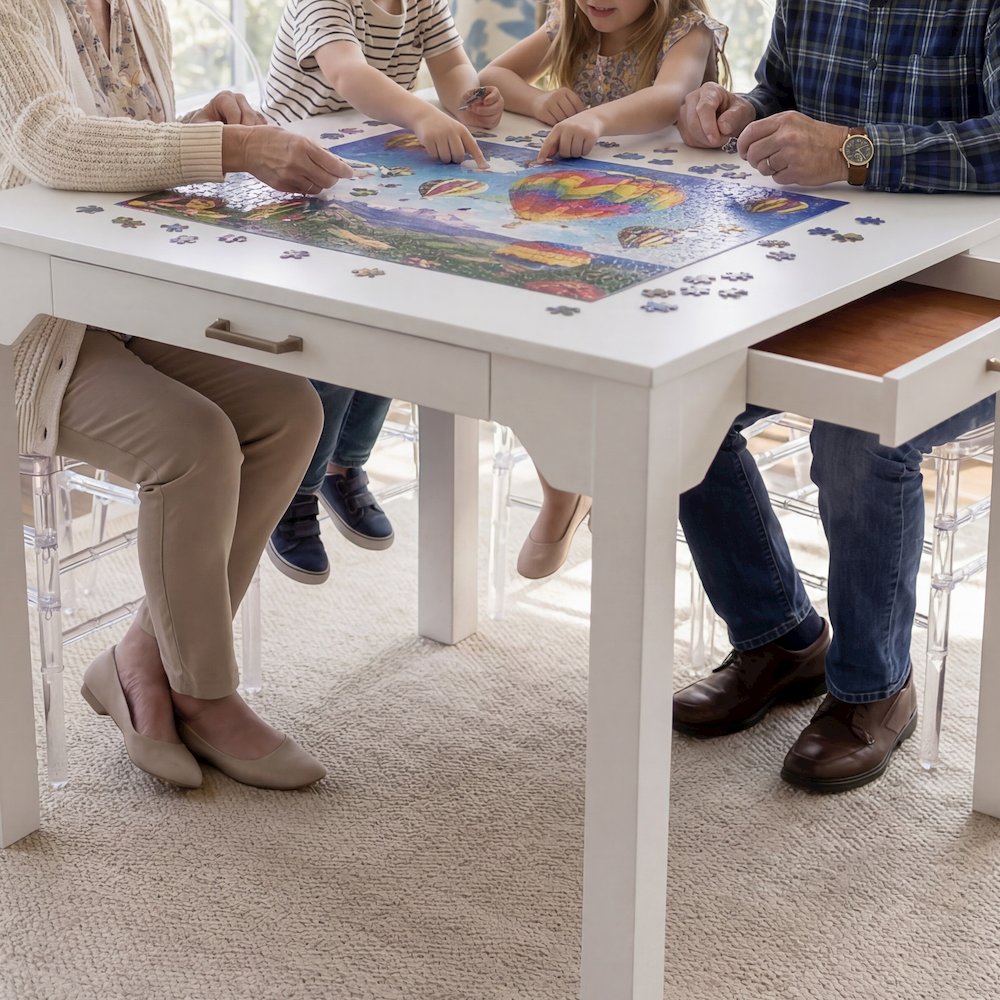 Annadale White Dining Table with Storage Drawer, Square Mahjong Game Table