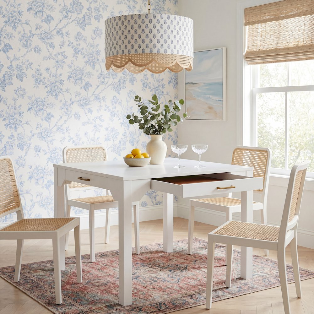 Annadale White Dining Table with Storage Drawer, Square Mahjong Game Table