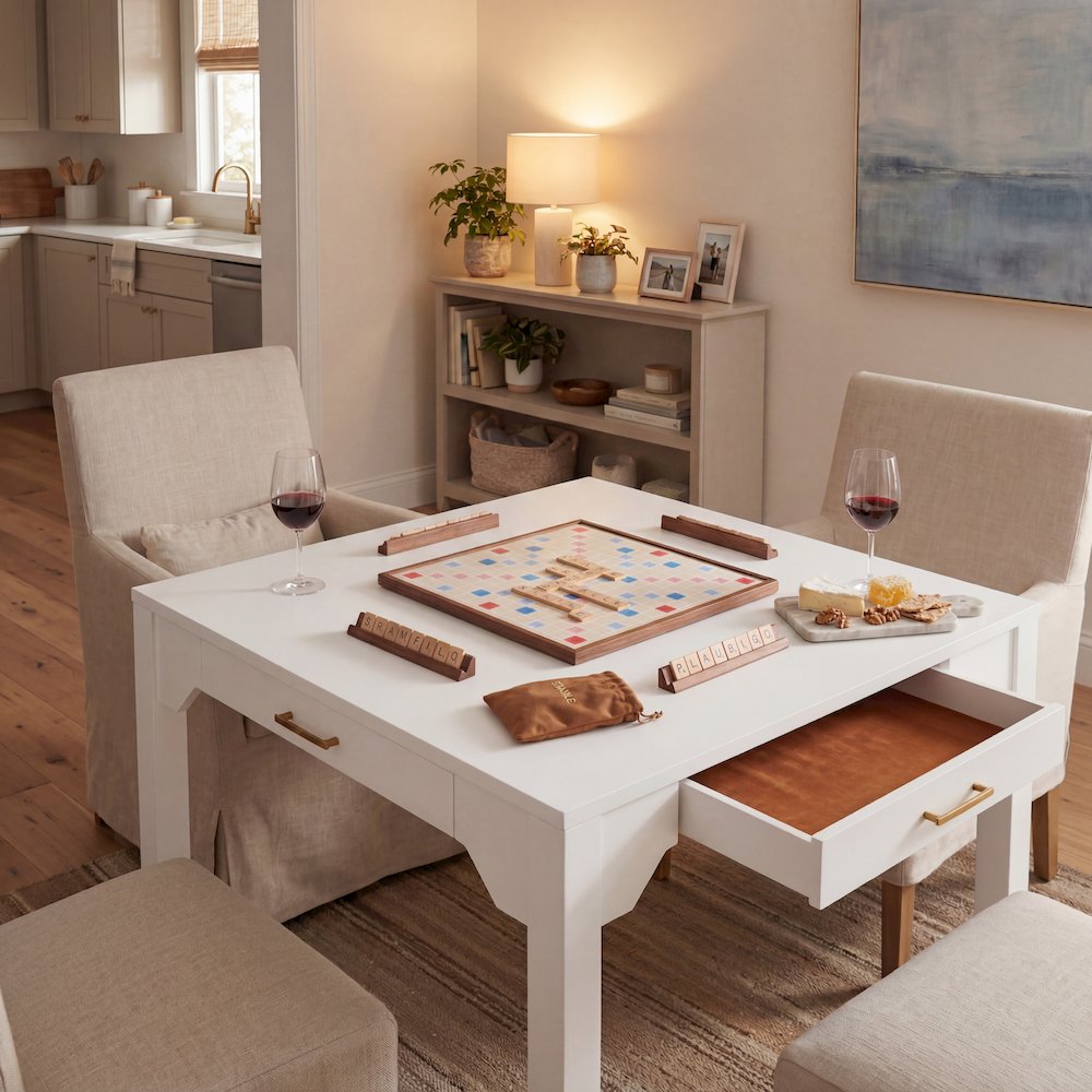 Annadale White Dining Table with Storage Drawer, Square Mahjong Game Table