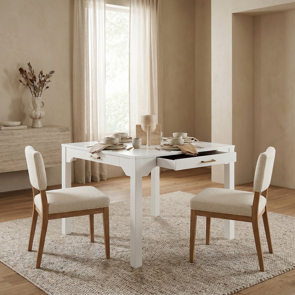 Annadale White Dining Table with Storage Drawer, Square Mahjong Game Table
