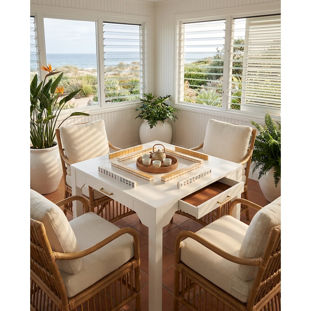 Annadale White Dining Table with Storage Drawer, Square Mahjong Game Table
