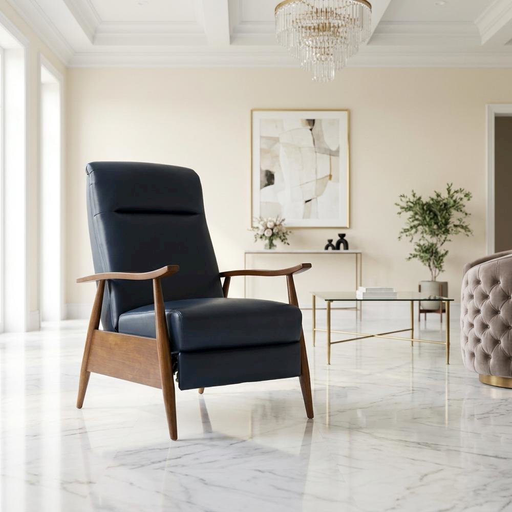 Semi-Leather Push Back Manual Recliner Chair with Wood Arms for Living Room