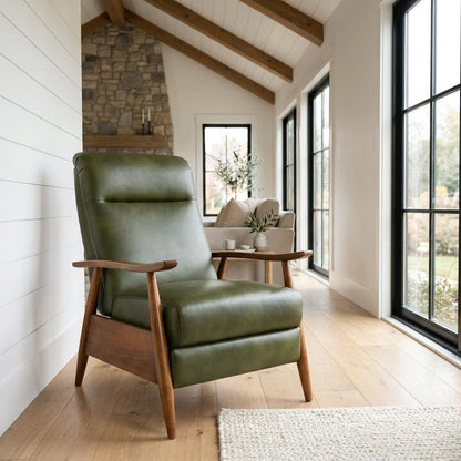 Leather-Gel Wood-Arm Push-Back Recliner Chair for Living Room, Fern Green