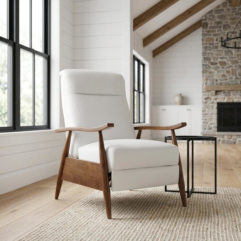 Semi-Leather Push Back Recliner Chair with Wood Arms for Living Room