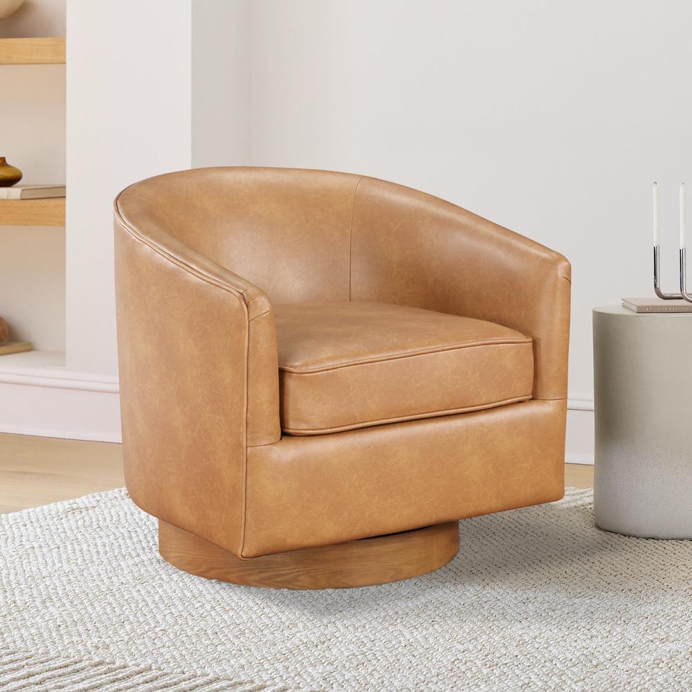 Irving Saddle Faux Leather Wood Base Barrel Swivel Chair