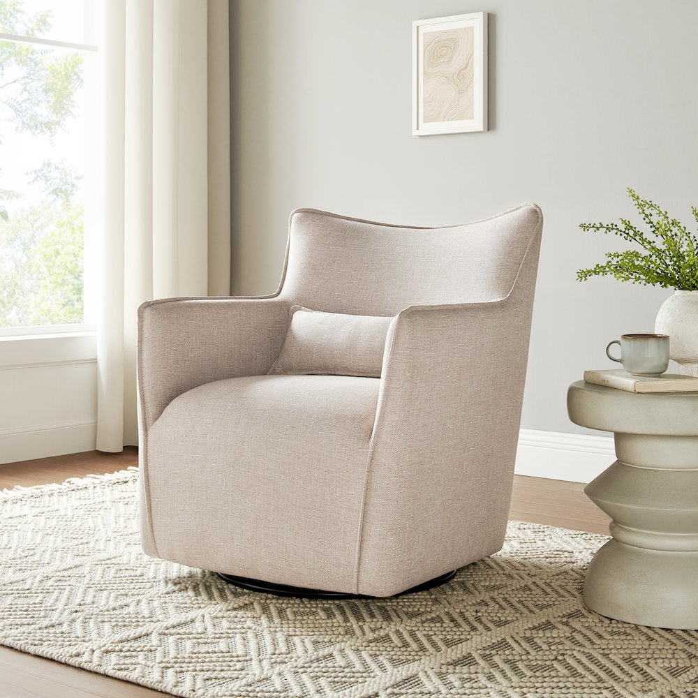 Swivel Accent Chair with Matching Lumbar Pillow — 360° Swivel Base - Sand