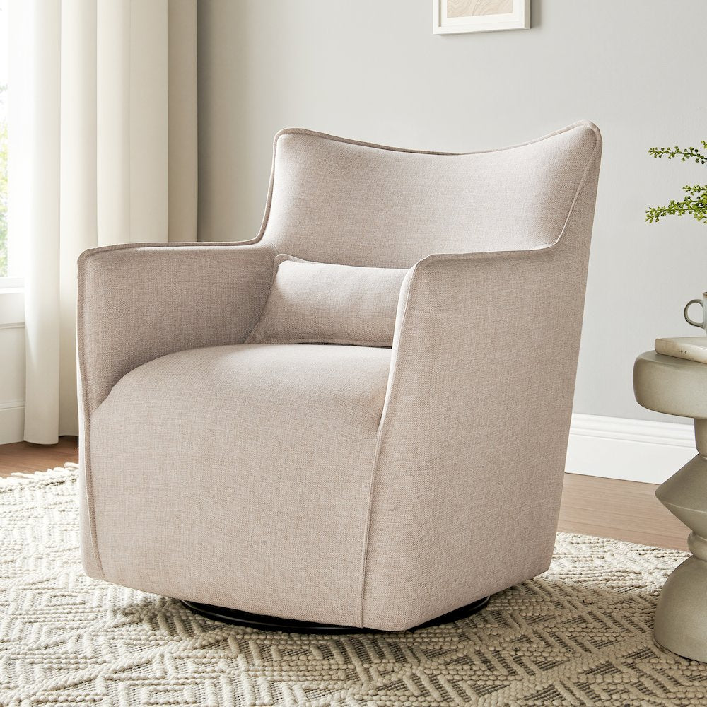 Swivel Accent Chair with Matching Lumbar Pillow — 360° Swivel Base - Sand