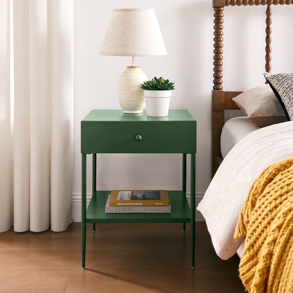 Vintage Green Metal 1-Drawer Nightstand with Bottom Shelf & Tapered Legs