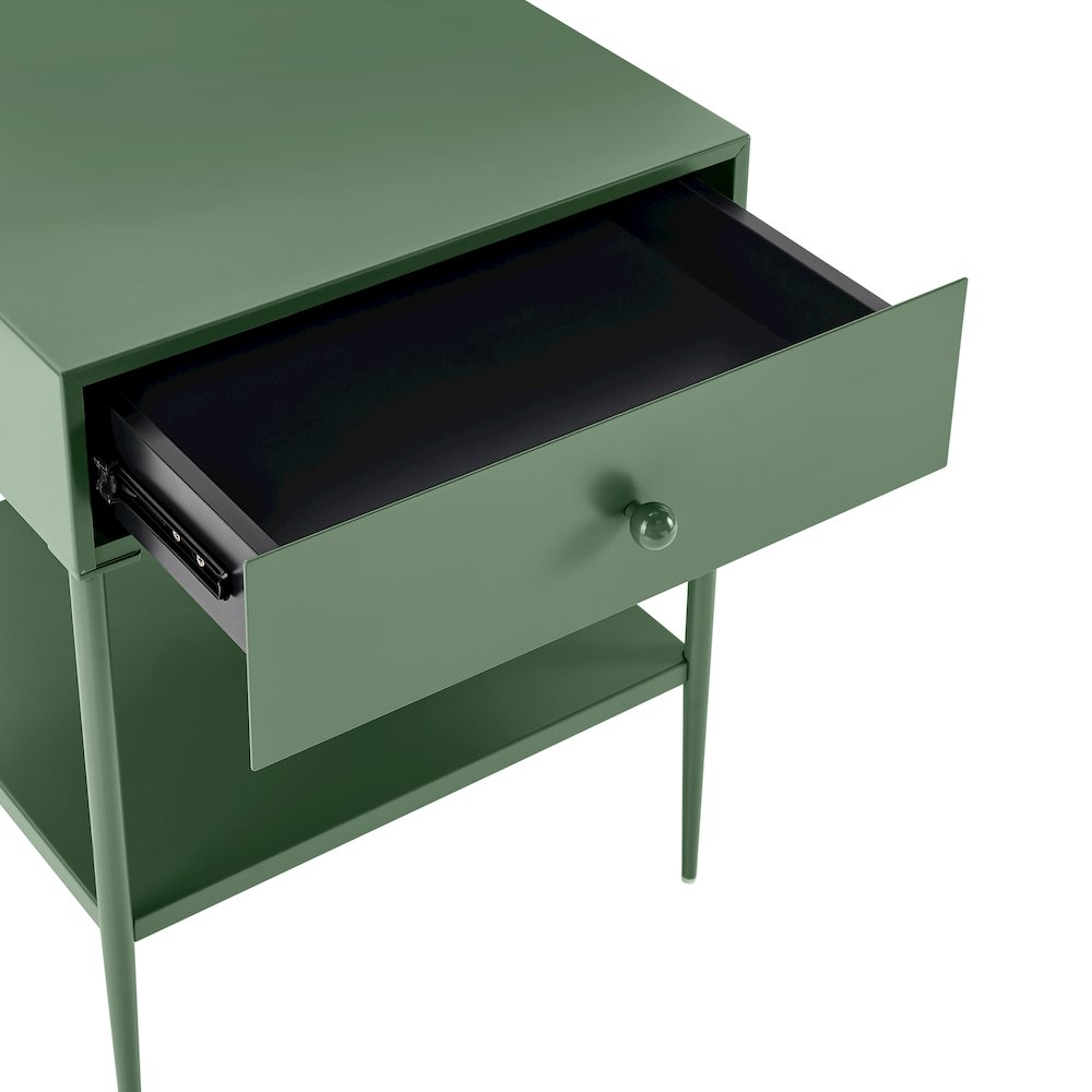 Vintage Green Metal 1-Drawer Nightstand with Bottom Shelf & Tapered Legs