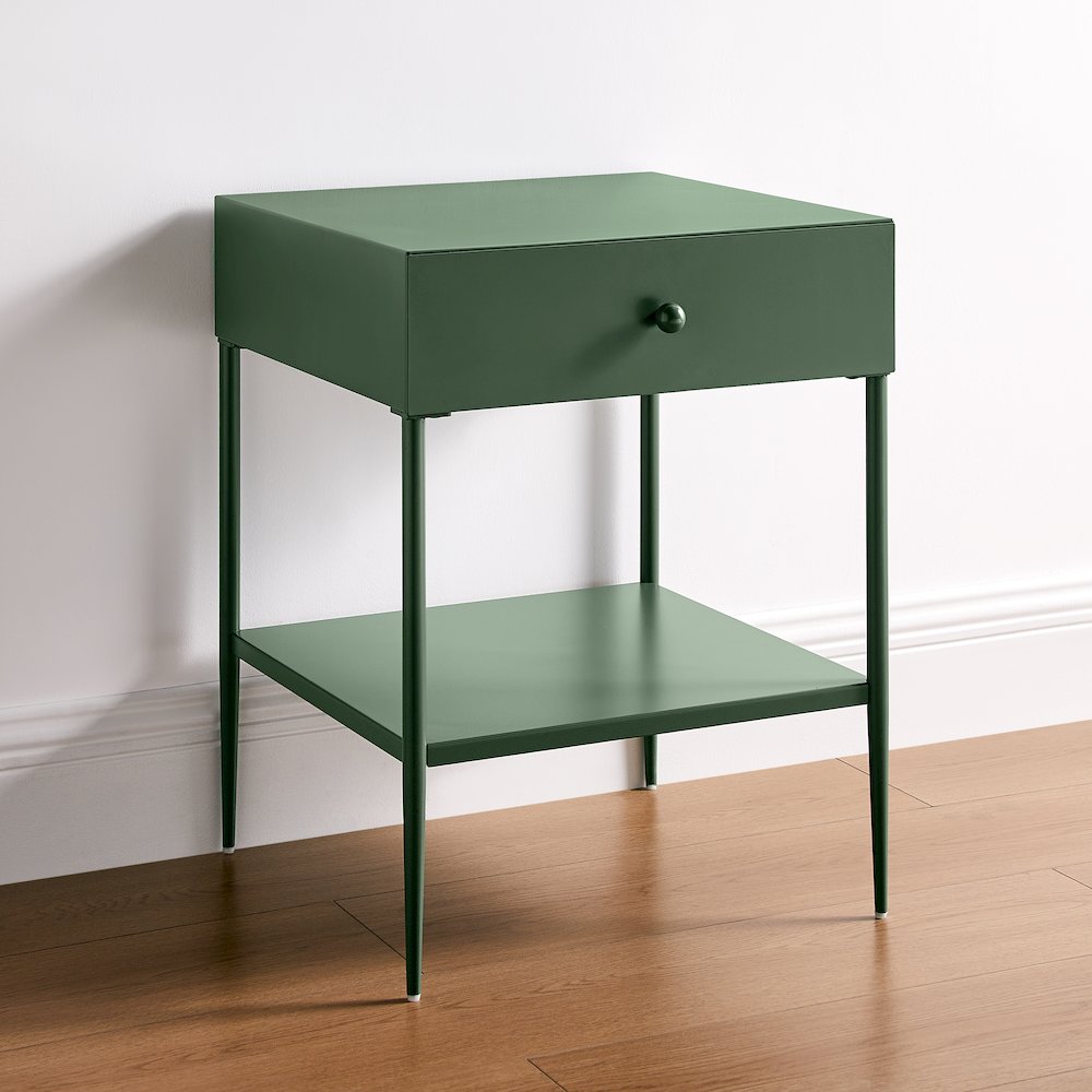 Vintage Green Metal 1-Drawer Nightstand with Bottom Shelf & Tapered Legs