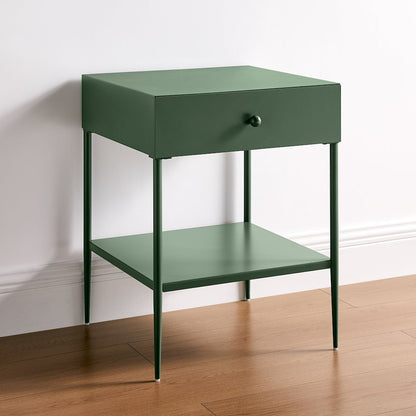 Vintage Green Metal 1-Drawer Nightstand with Bottom Shelf & Tapered Legs