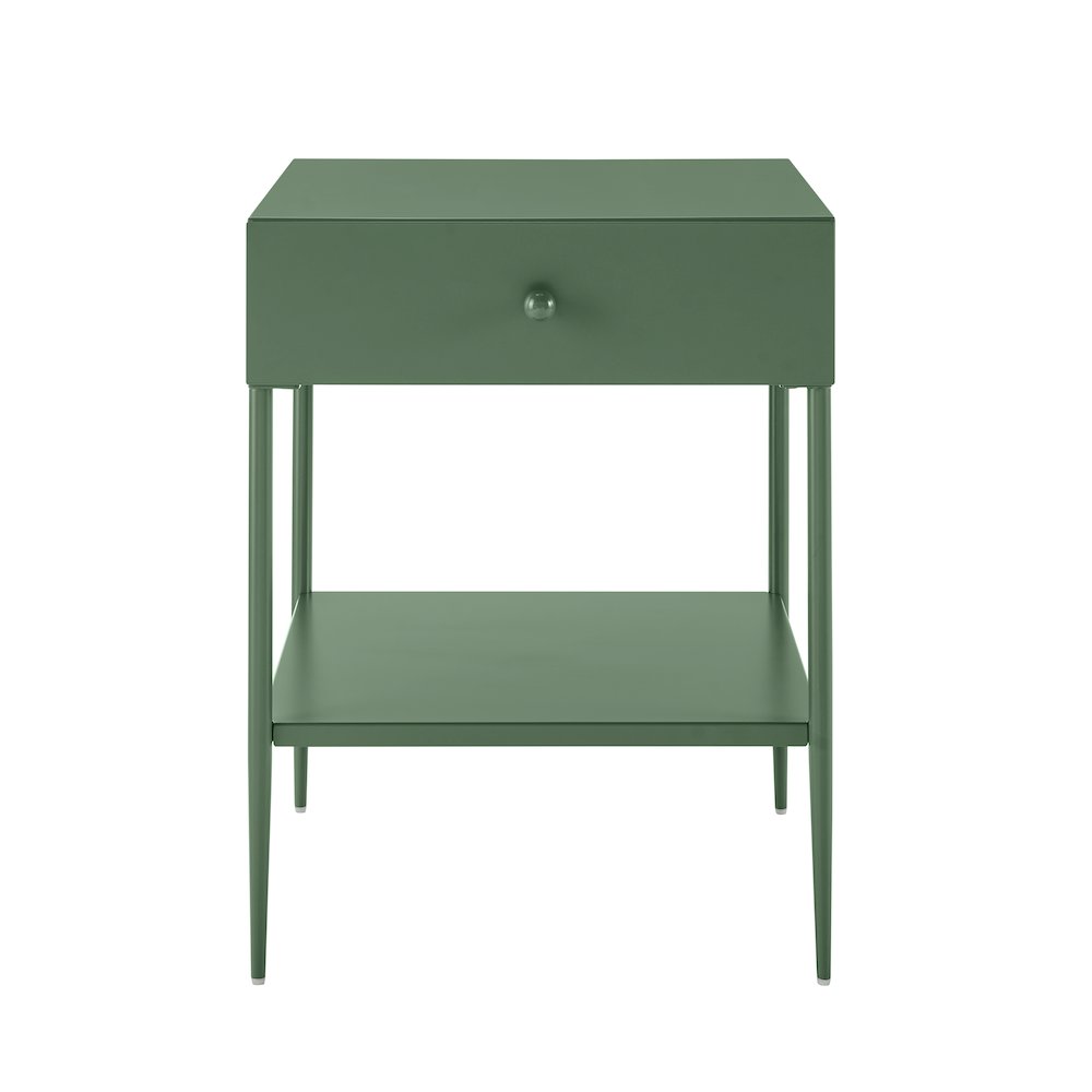 Vintage Green Metal 1-Drawer Nightstand with Bottom Shelf & Tapered Legs