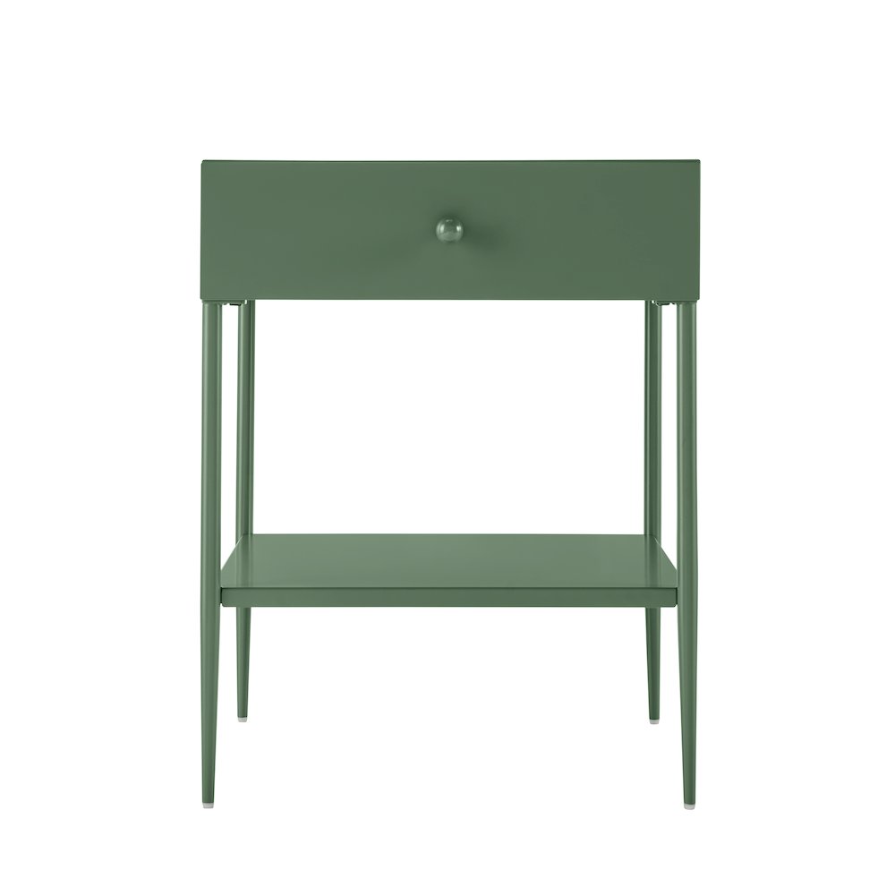 Vintage Green Metal 1-Drawer Nightstand with Bottom Shelf & Tapered Legs