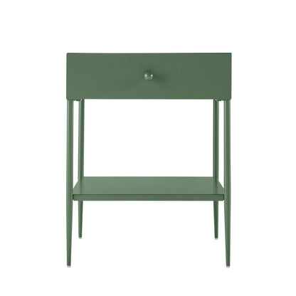 Vintage Green Metal 1-Drawer Nightstand with Bottom Shelf & Tapered Legs