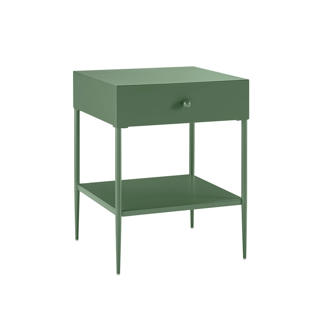 Vintage Green Metal 1-Drawer Nightstand with Bottom Shelf & Tapered Legs