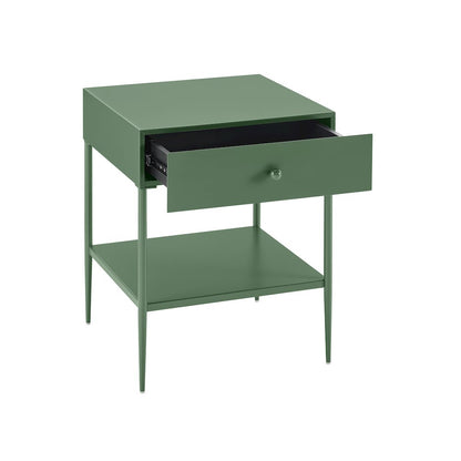 Vintage Green Metal 1-Drawer Nightstand with Bottom Shelf & Tapered Legs