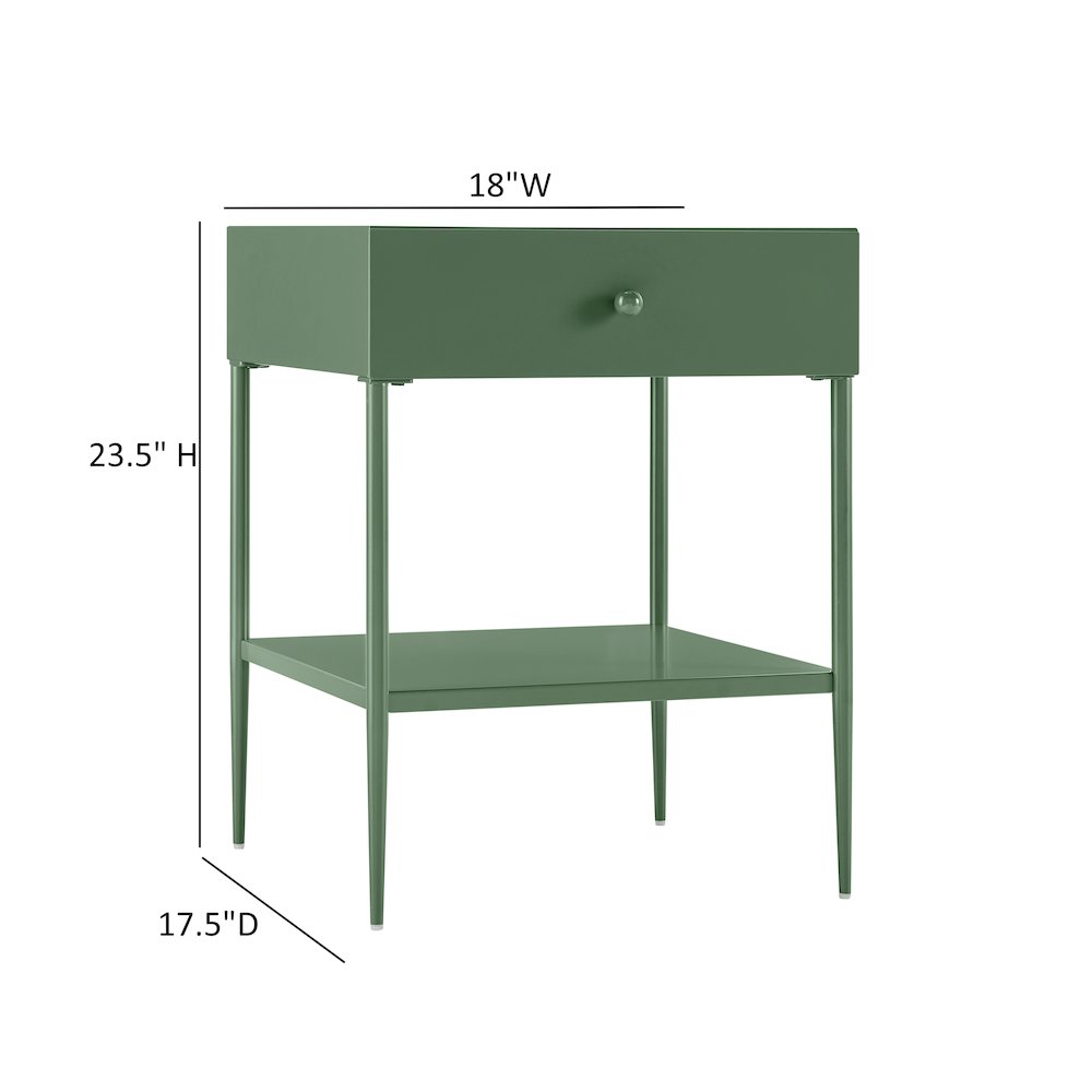 Vintage Green Metal 1-Drawer Nightstand with Bottom Shelf & Tapered Legs