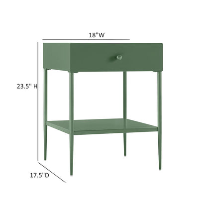 Vintage Green Metal 1-Drawer Nightstand with Bottom Shelf & Tapered Legs