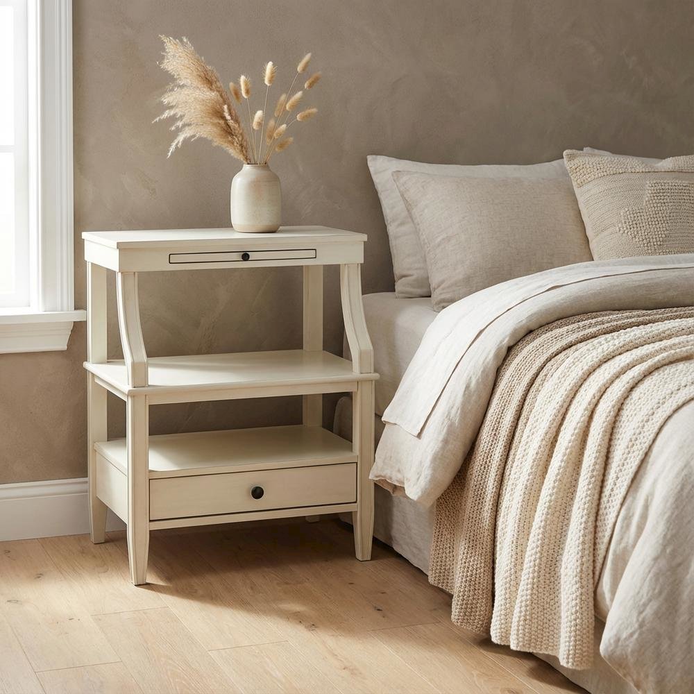 Antique White Storage Nightstand with Spacious Top and Classic Design