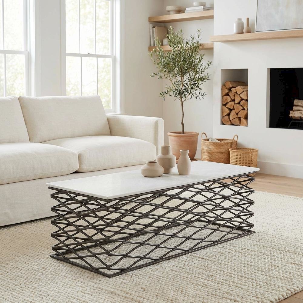 White Modern Coffee Table with Genuine Marble Top and Aluminum Frame