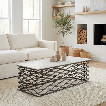 White Modern Coffee Table with Genuine Marble Top and Aluminum Frame