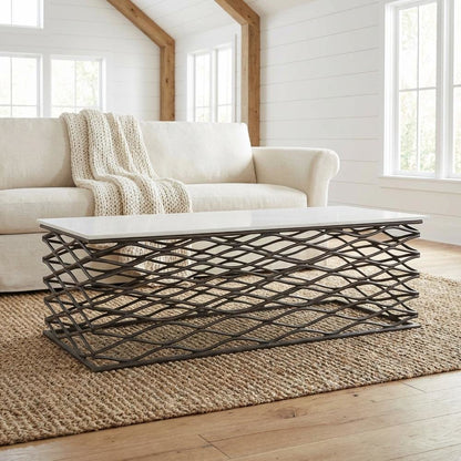 White Modern Coffee Table with Genuine Marble Top and Aluminum Frame