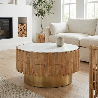Brown Round Coffee Table with Genuine Marble Top and Mango Wood Frame