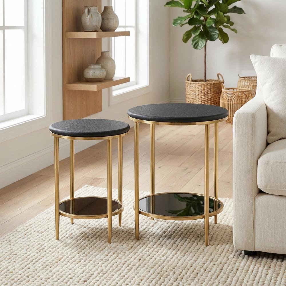 Black 2-Piece Coffee Table Set with Real Marble Tops and MDF Frame