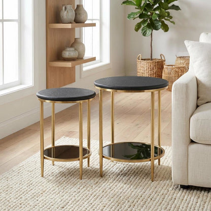 Black 2-Piece Coffee Table Set with Real Marble Tops and MDF Frame