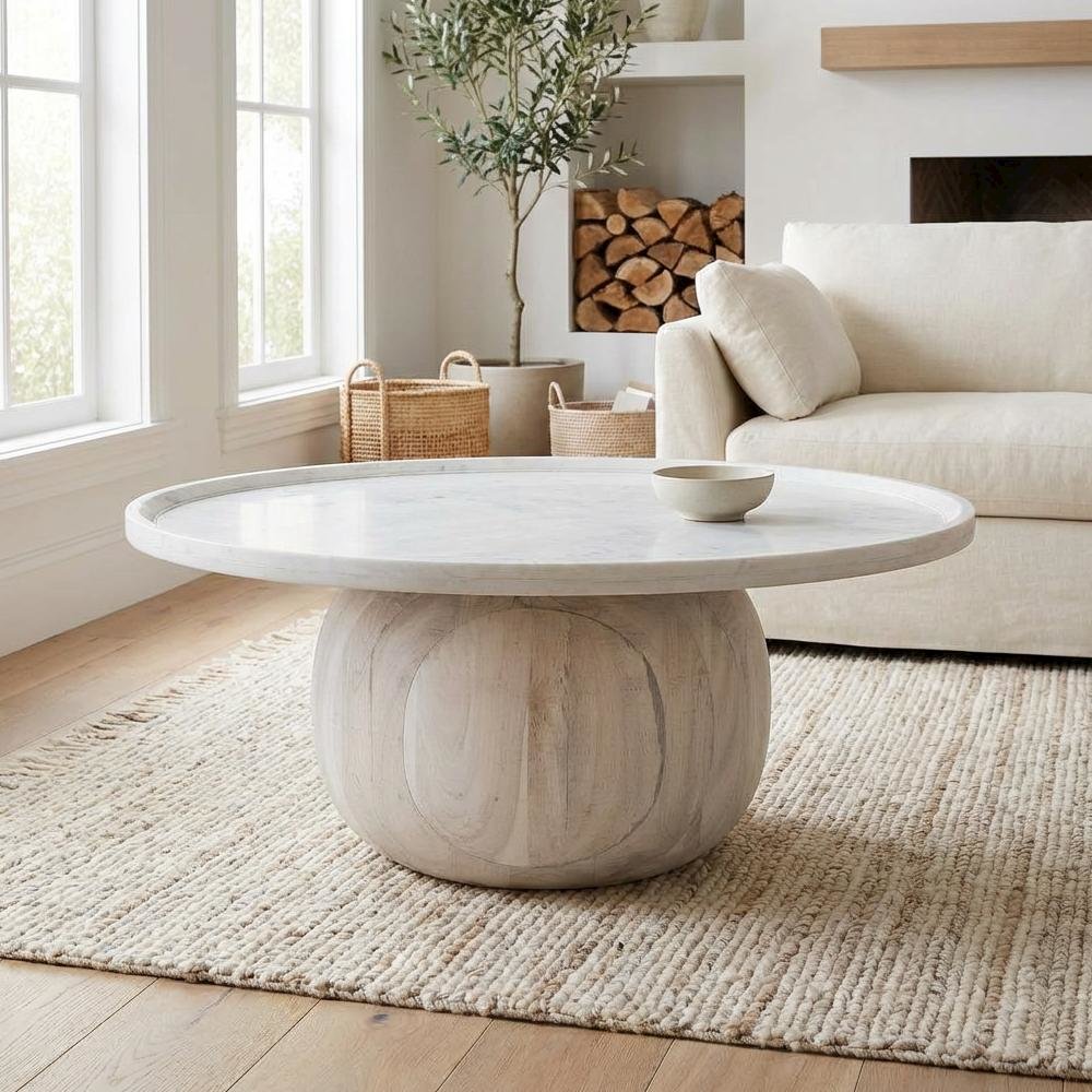 White Round Coffee Table with Real Marble Top and Acacia Wood Base