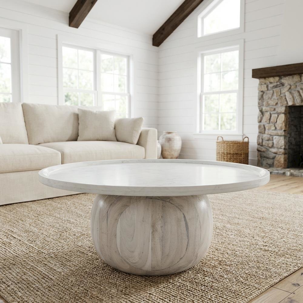 White Round Coffee Table with Real Marble Top and Acacia Wood Base
