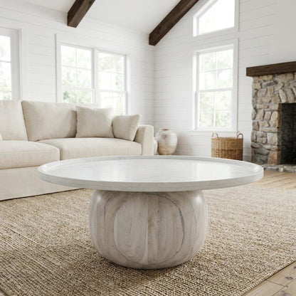 White Round Coffee Table with Real Marble Top and Acacia Wood Base