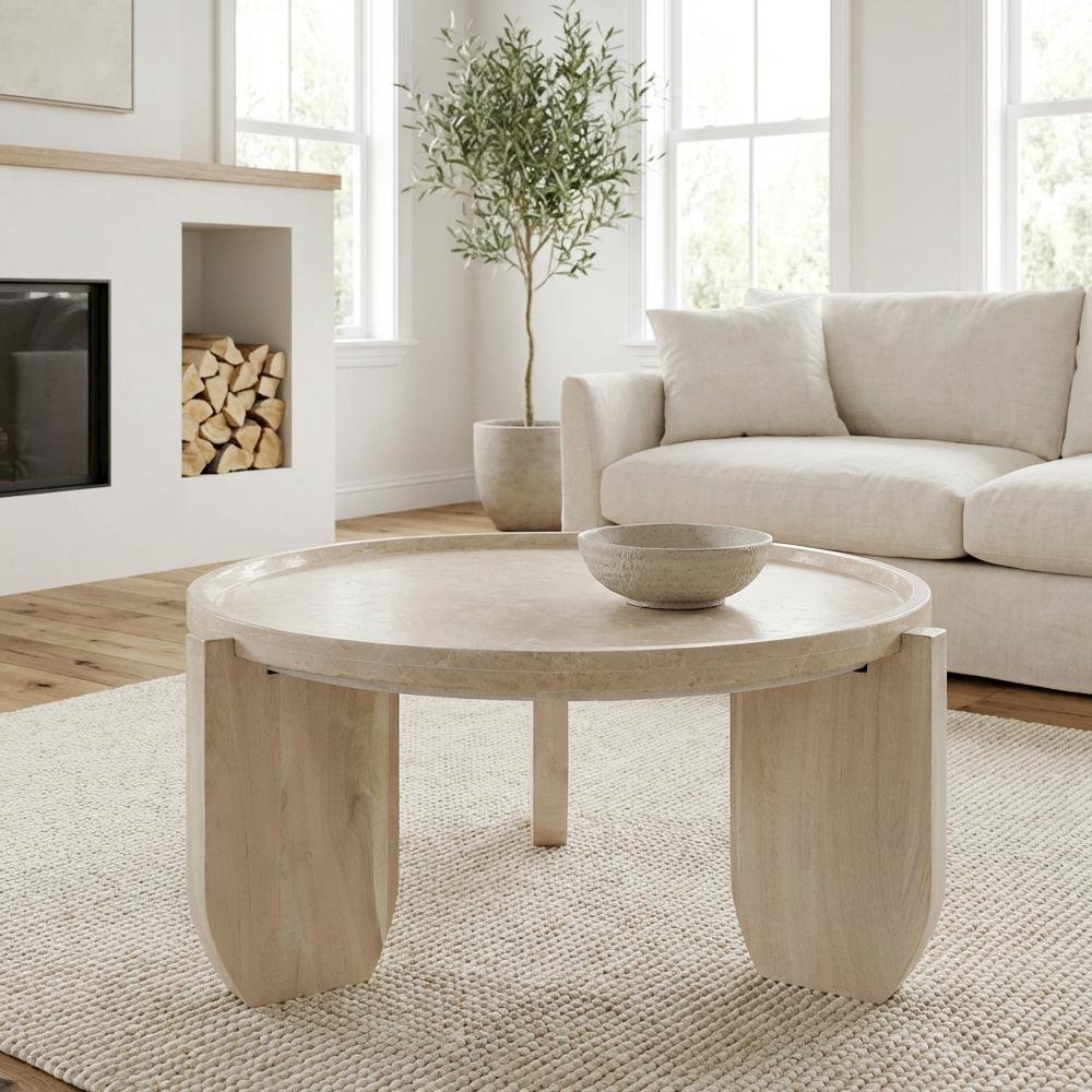 Brown Round Coffee Table with Bottochino Marble Top and MDF Base in Modern Style