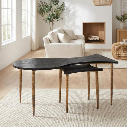 Black Coffee Table Set with Bronze Base MDF Top Modern Design