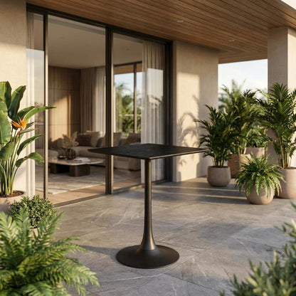 Black outdoor bar table with modern square design and steel frame