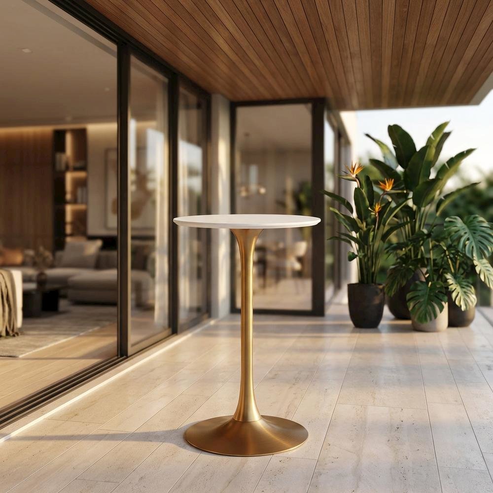 White & Gold Outdoor Bar Table with Steel Frame and Round MDF Top