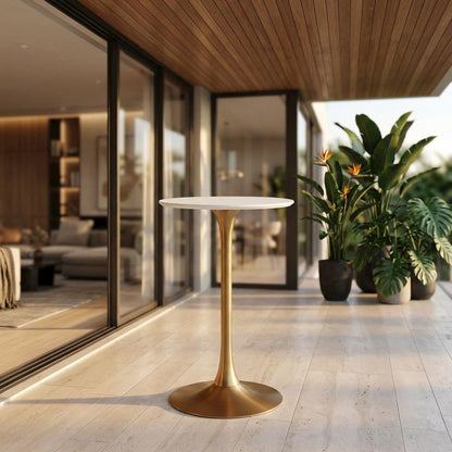 White & Gold Outdoor Bar Table with Steel Frame and Round MDF Top