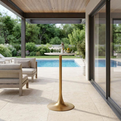 White & Gold Outdoor Bar Table with Steel Frame and Round MDF Top