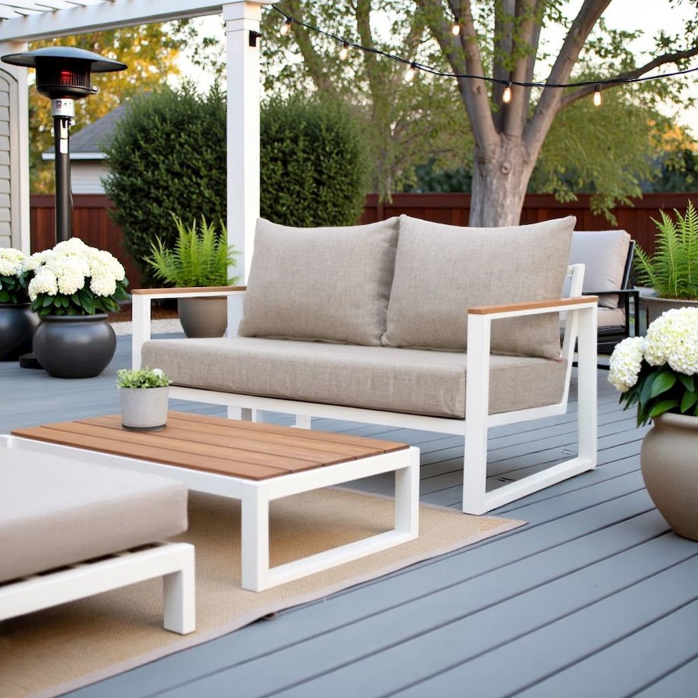 Brown Outdoor Loveseat, Small Patio Sofa With Aluminum Frame Design