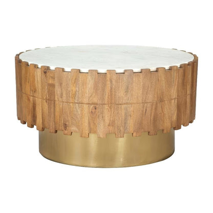 Brown Round Coffee Table with Genuine Marble Top and Mango Wood Frame
