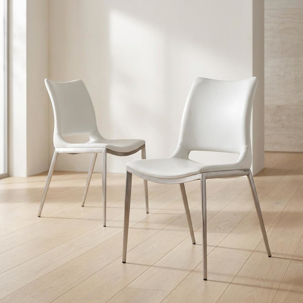 White Modern Dining Chairs Set of 2 with Plywood Frames and Faux Leather